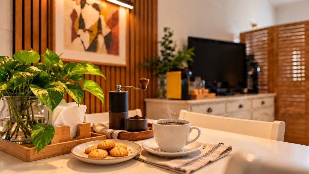 Copa com café e biscoitos na FUSA Studio