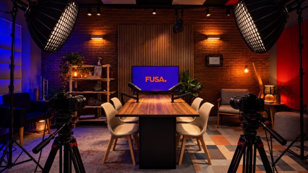 Set de podcast com luz de cinema na FUSA Studio