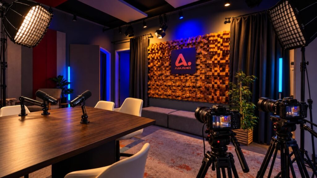 Set de podcast com painel âmbar e azul
